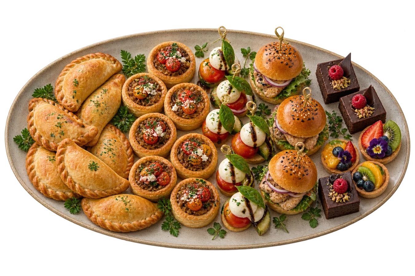 Bandeja de bocaditos variados y mini postres, imagen referencial