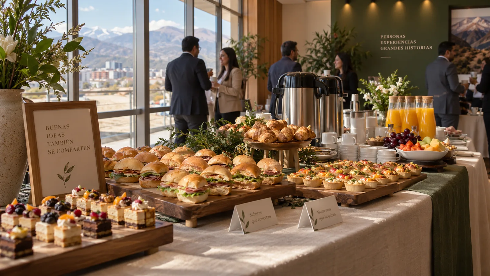 Referencia visual de una mesa de coffee break con bocaditos, bebidas y asistentes